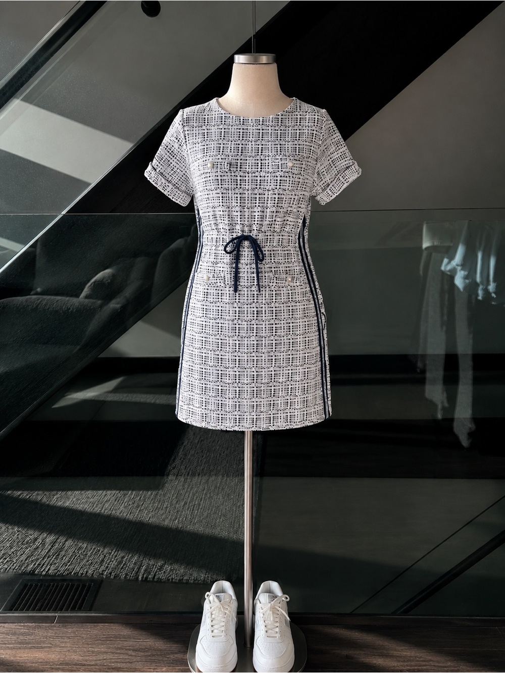 Maje Navy and White Textured Tweed Dress